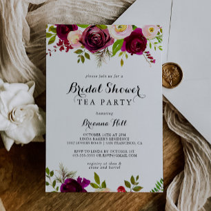 Rustik Burgundy Möhippa Tea Party Inbjudningar