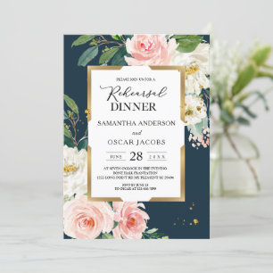 Rustik Burgundy Navy Blue & Rosa Blommigt Guld Ram Inbjudningar