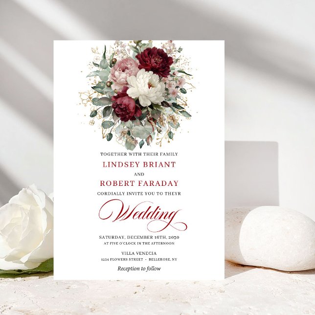 Rustik Burgundy och Vita Blommor Bröllopsinbjudan Inbjudningar (Rustic Burgundy and White Flowers Wedding Invitation)