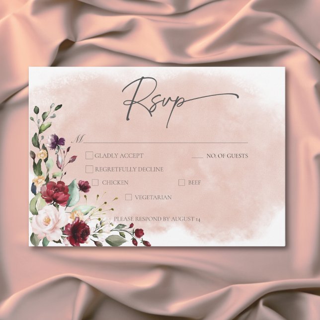 Rustik Burgundy &  Rosa ros Bröllop-middag OSA Kort (Rustic Burgundy & Blush Pink Roses Wedding Dinner RSVP Card)