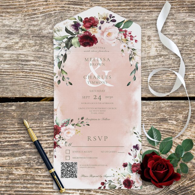 Rustik Burgundy &  Rosa ros QR-kod (Also available without a QR code; with or without dinner selection options.)