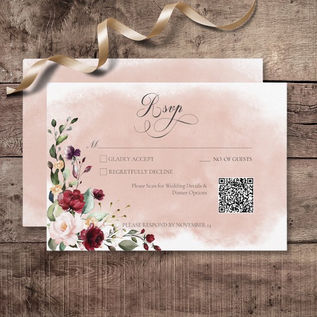 Rustik Burgundy &  Rosa ros QR-kod OSA Kort (Rustic Burgundy & Blush Pink Roses Wedding Response Card with QR Code)