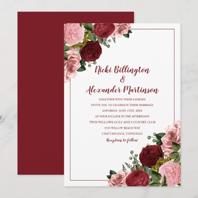 Rustik Burgundy Rosenskära Blommig Vit Bröllop Inbjudningar (Fram/baksida)