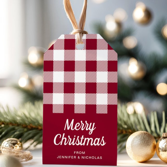 Rustik Burgundy-rutig God Jul Presentetikett (Rustic Burgundy Plaid Merry Christmas Gift Tags)