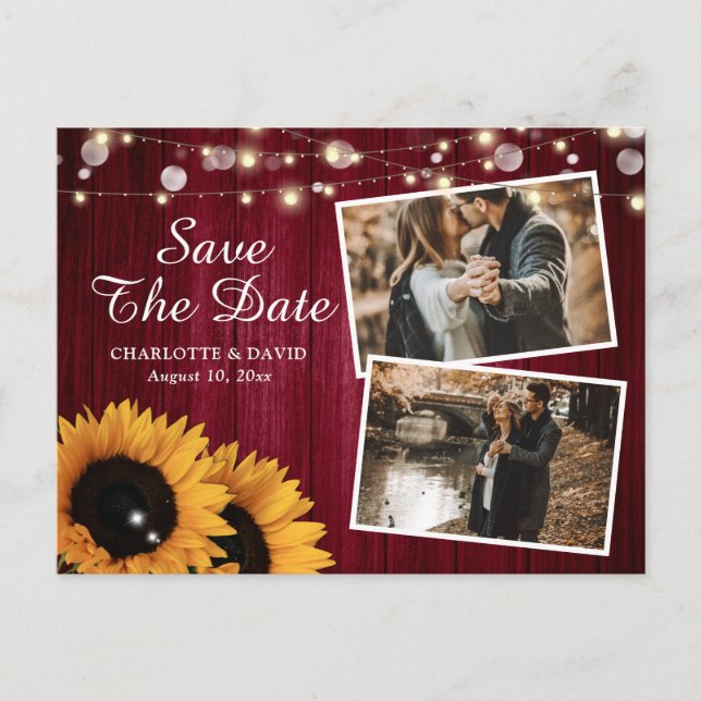 Rustik Burgundy Solros Save The Date Foto Meddelande Vykort (Framsida)