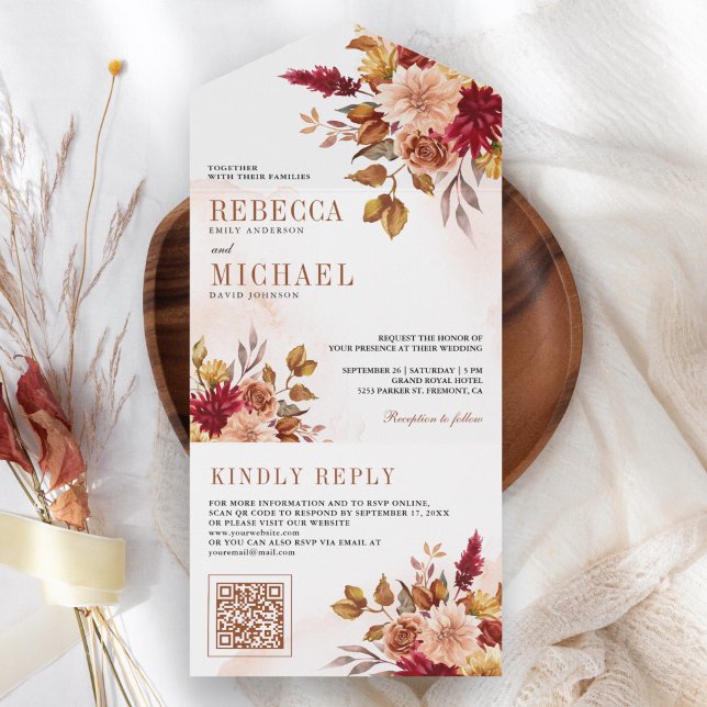 Rustik Burgundy Terrakotta Blommig QR-kod Bröllop (Skapare uppladdad)