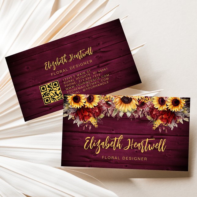 Rustik Burgundy Trä Solros Blommig QR-kod Visitkort (Skapare uppladdad)