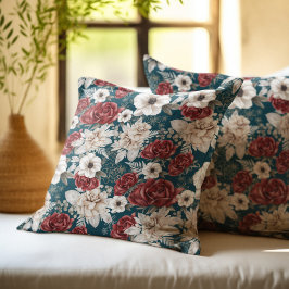 Rustik Burgundyros Tealblommig Mönster Kudde