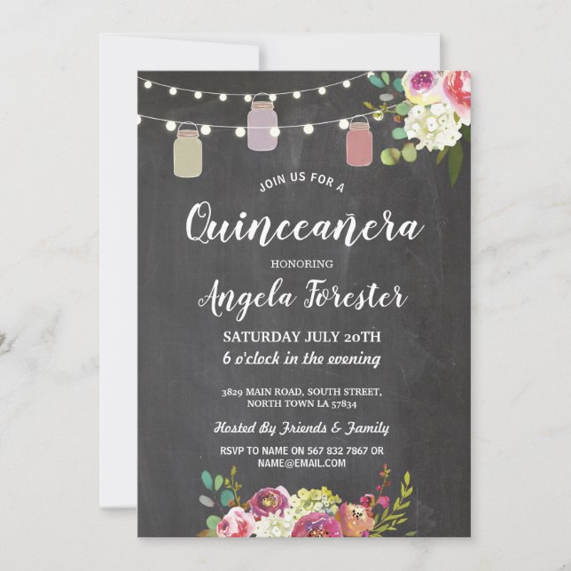 Rustik Burk Quinceanera Party Chalk Blommigt Ljus Inbjudningar (Framsida)