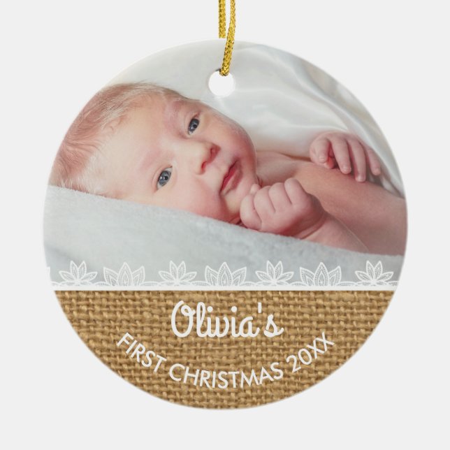 Rustik Burlap Baby första jul Julgransprydnad Keramik (Framsidan)