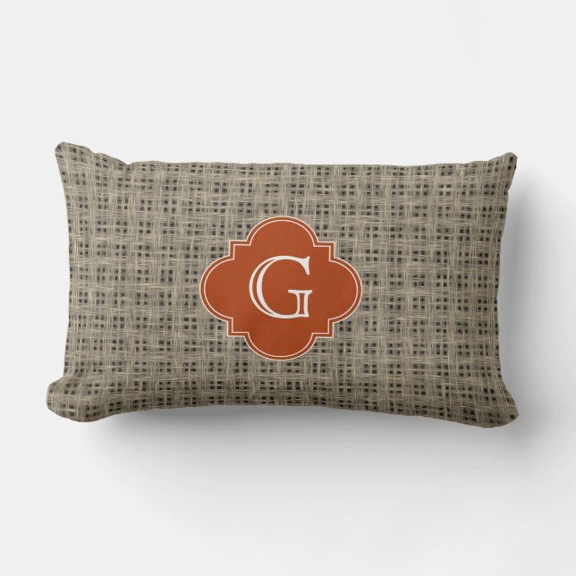 Rustik Burlap - Bränd Orange Quatrefoil Monogram Lumbarkudde (Framsida)