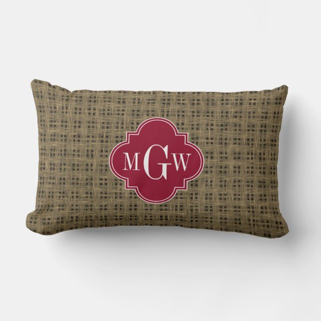 Rustik Burlap Cranberry Quatrefoil 3 Monogram Lumbarkudde (Framsida)