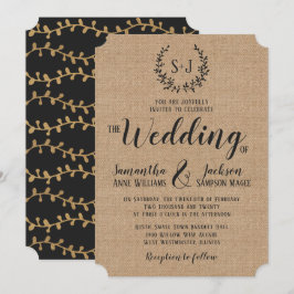 Rustik Burlap Elegant Black Typography Bröllop Inbjudningar