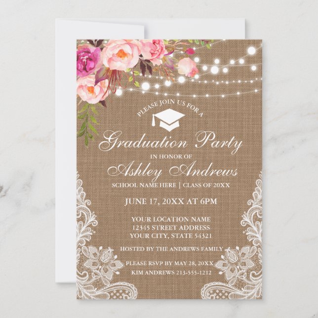 Rustik Burlap Ljus Snöre Rosa Studenten Inbjudan (Framsida)