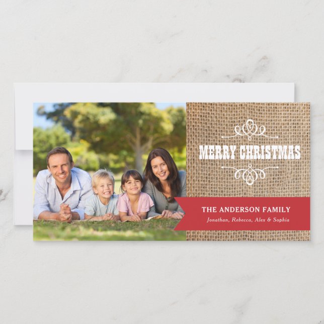 Rustik Burlap med Red Banner Photo jul Julkort (Framsida)