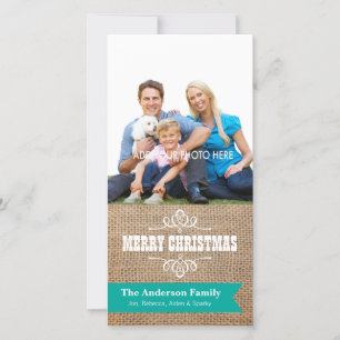 Rustik Burlap med Teal Banner Photo jul Julkort