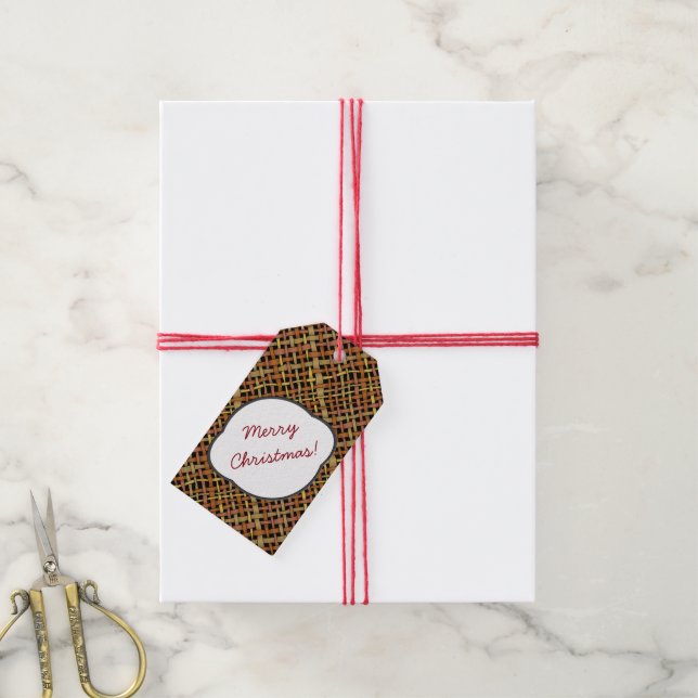 Rustik Burlap Mönster Red med Text Hälsning Presentetikett (Med Snöre)