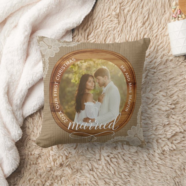 Rustik burlap och spets Första julen som gifta Kudde (Filt)
