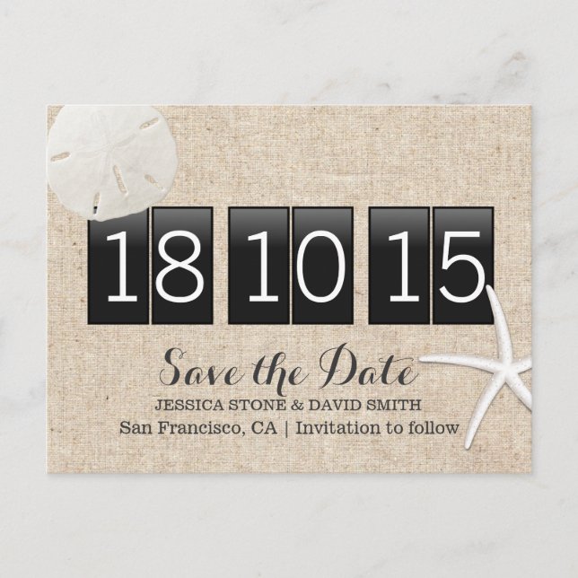 Rustik Burlap Sand Dollar & Starfish Spara datumet Meddelande Vykort (Framsida)