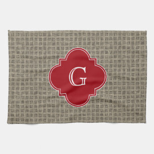 Rustik Burlap Se Cranberry Quatrefoil Monogram Kökshandduk