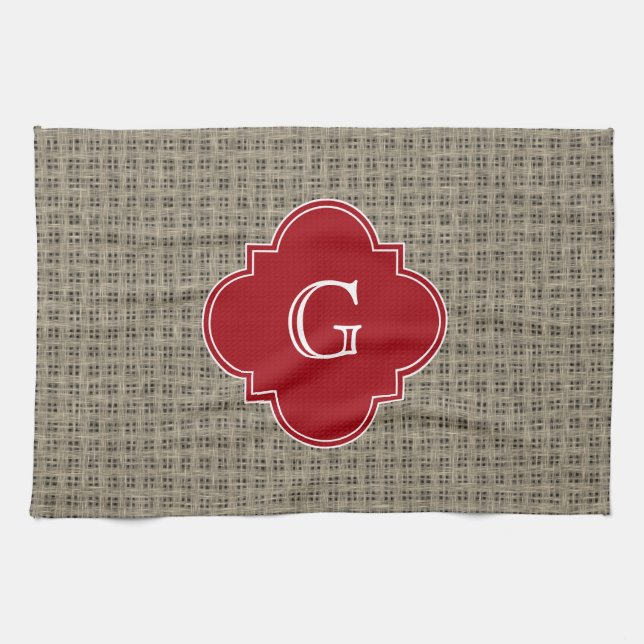 Rustik Burlap Se Cranberry Quatrefoil Monogram Kökshandduk (Horisontell)