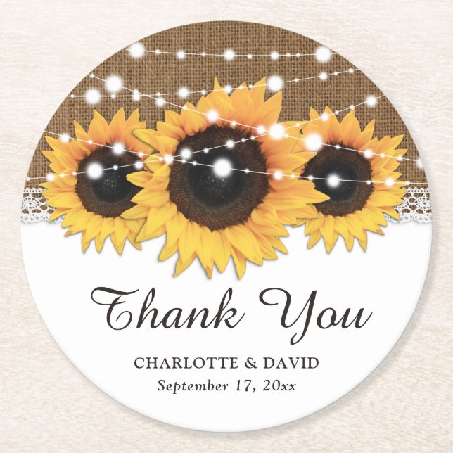 Rustik Burlap Snöre String Ljus Solros Bröllop Underlägg Papper Rund (Framsidan)