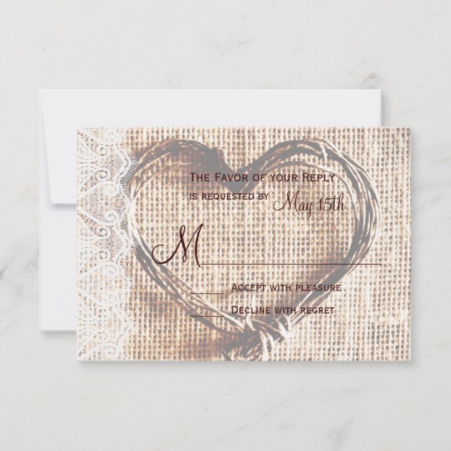 Rustik Burlap Snöre Twine Heart-Bröllop OSA Card Kort (Framsida)