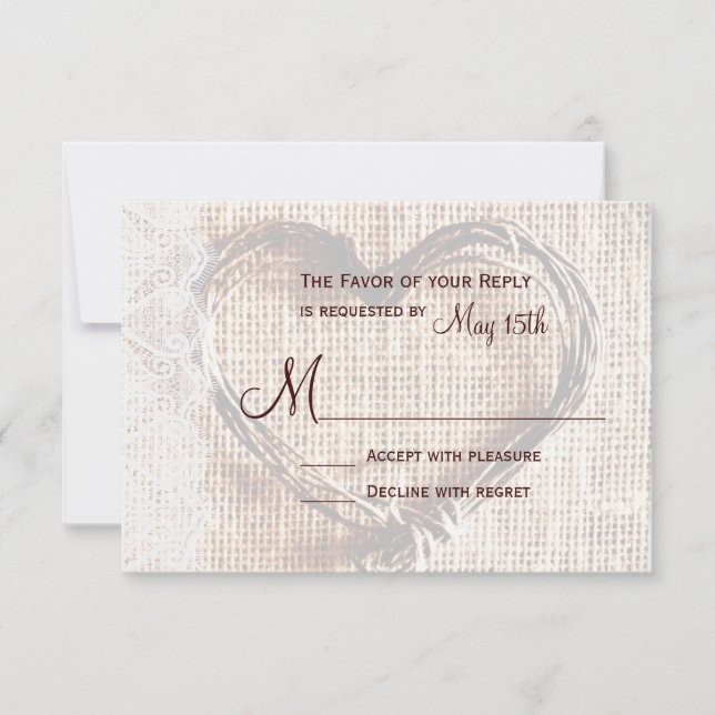 Rustik Burlap Snöre Twine Heart-Bröllop OSA Card Kort (Framsida)