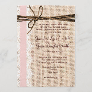 Rustik Burlap Snöre Twine Rosa Ribbon Bröllop Inbjudningar