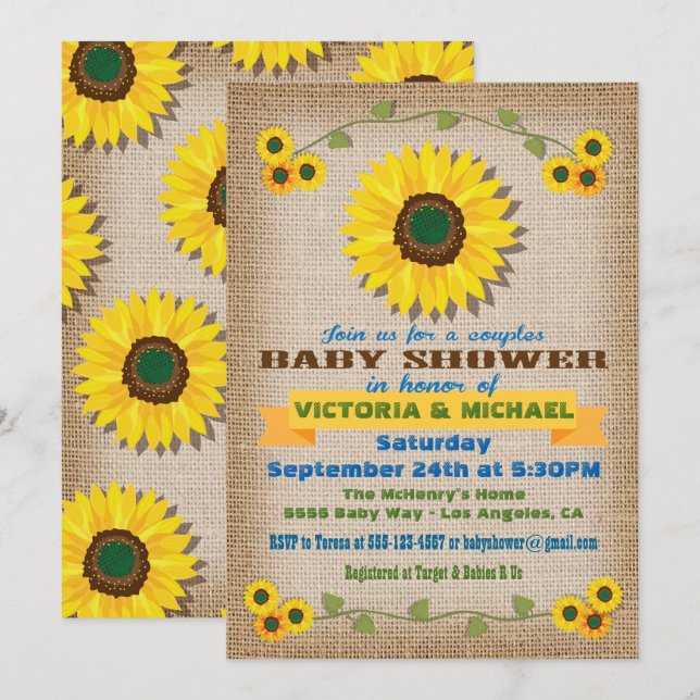 Rustik Burlap Solros Par Baby Shower Inbjudningar (Fram/baksida)
