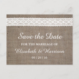 Rustik Burlap & Vintage Vit Snöre Spara datum Meddelande Vykort