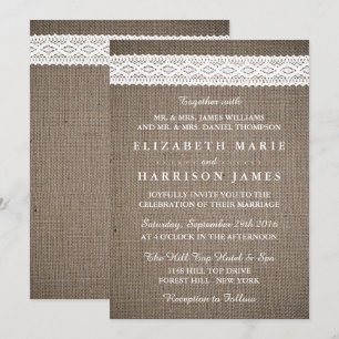 Rustik Burlap & Vintage White Snöre Bröllop Inbjudningar