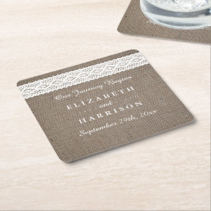 Rustik Burlap & Vintage White Snöre Bröllop Underlägg Papper Kvadrat
