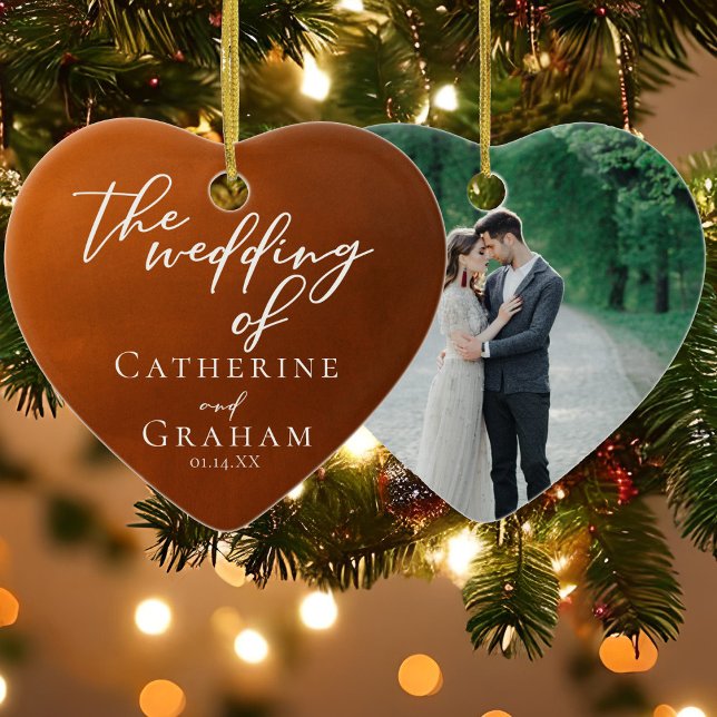 Rustik Burnt Orange Bröllop Anpassningsbar Hjärtju Julgransprydnad Keramik (Skapare uppladdad)