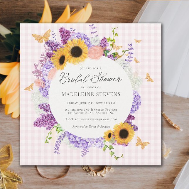 Rustik Butterfly Solros Hydrangea-Möhippa Inbjudningar (rustic butterfly bridal shower invitation pink gingham sunflower hydrangea lilac wreath gold elegant)