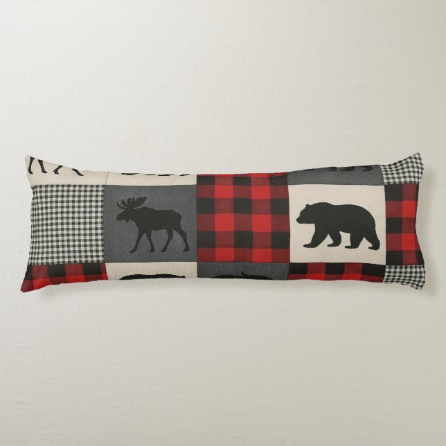 Rustik Cabin Moose Bear Patchwork Body Pillow Kroppskudde (Framsidan)