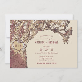 Rustik Carved Heart Oak Träd Bröllop Inbjudningar
