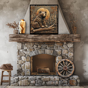 Rustik Carved Wood Bear Gräs Träd ställer in Sol Poster