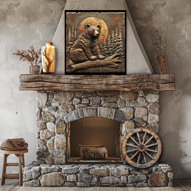 Rustik Carved Wood Bear Gräs Träd ställer in Sol Poster (Skapare uppladdad)