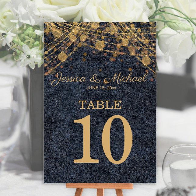 Rustik Chic Blåblå Guld-stringen Ljus Bröllop Bordsnummer (Rustic chic navy blue and gold string lights wedding table number card)