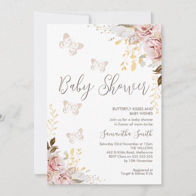Rustik Chic Blommigt Butterfly Kisses Baby Shower Inbjudningar (Framsida)