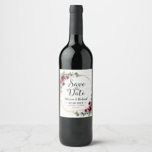 Rustik Chic Burgunder Blommig Bröllop Spara Datum Vinflaska Etikett