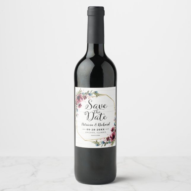 Rustik Chic Burgunder Blommig Bröllop Spara Datum Vinflaska Etikett (Framsida)
