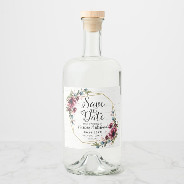 Rustik Chic Burgunder Blommig Bröllops Karta Spara Spritflaskor Etikett (Framsida)