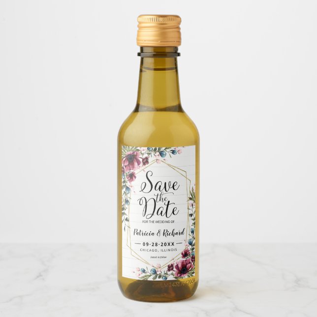 Rustik Chic Burgunder Blommig Bröllops Karta Spara Vinetikett (Framsida)