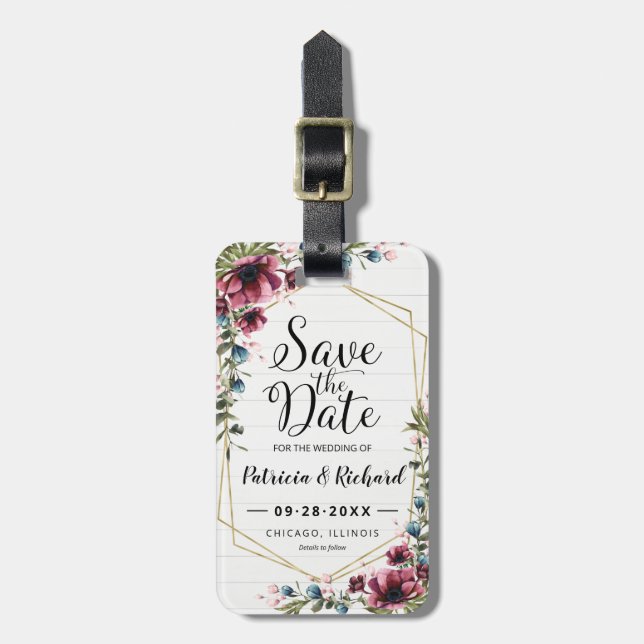 Rustik Chic Burgunder Blommig Spara Datum Bagagebricka (Vertikal Framsida)