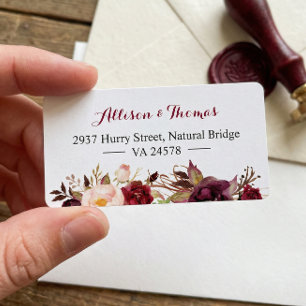 Rustik Chic Burgunder Marsala Röd Blommig Bröllop Adressetikett