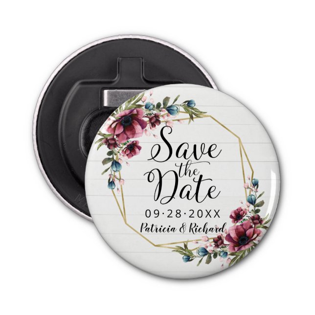 Rustik Chic Burgundy Blommigt Bröllop spara datum Flasköppnare (Framsidan)