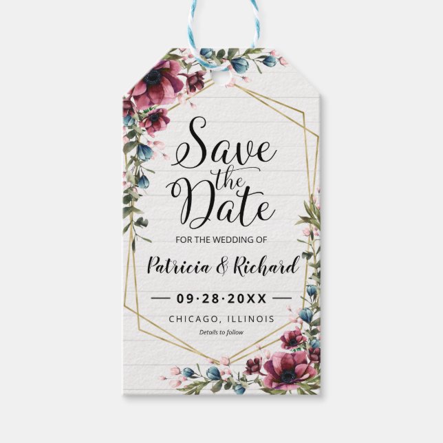 Rustik Chic Burgundy Blommigt Bröllop spara datum Presentetikett (Framsidan)