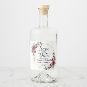 Rustik Chic Burgundy Blommigt Bröllop spara datum Spritflaskor Etikett